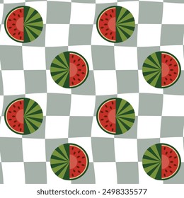 Seamless pattern with checkers and watermelons. Retro Groovy Background.60's style. Design for packaging, background, wallpaper, t-shirt