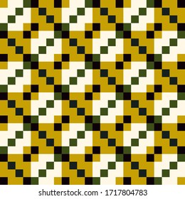 Seamless pattern. Checks, figures ornament. Squares, shapes wallpaper. Ethnic motif. Forms backdrop. Geometric background. Mosaic illustration. Digital paper, textile print, abstract. Vector artwork.