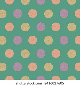 Seamless pattern of cheeful casual dots with line texture on green backdrop. Minimalist geometric print for paper and fabric.