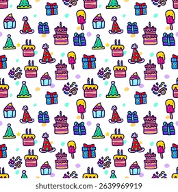 A seamless pattern of cheerful birthday-themed doodles, including cakes, hats, gifts, and festive decor. Perfect for celebrations, party invitations, and children’s designs