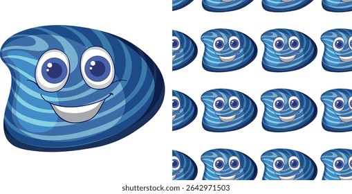 Seamless pattern of cheerful blue shells with faces