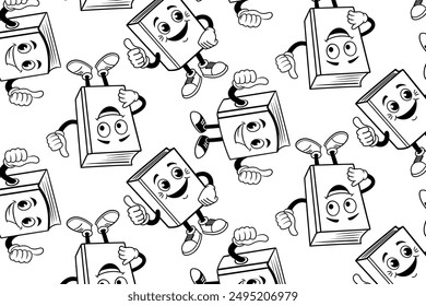 Seamless pattern of cheerful book mascots in monochrome, great for school projects, educational websites, and learning resources. Playful and clean illustration