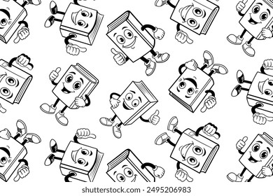 Seamless pattern of cheerful book mascots in monochrome, perfect for children's activity sheets, educational websites, and learning materials. Bold and playful design