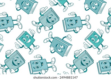 Seamless pattern, cheerful books, turquoise. Cartoon books with thumbs up in turquoise, perfect for educational and textile designs.