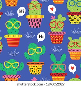 seamless pattern with cheerful cactus in glasses - vector illustration, eps