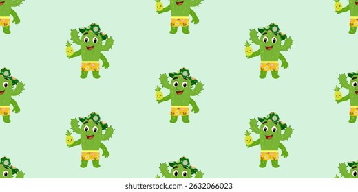 Seamless pattern with a cheerful cartoon cactus character in yellow floral shorts and a summer hat, holding a smiling pineapple. Bright and playful design on a mint green background
