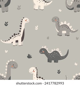Seamless pattern with cheerful cartoon dinosaurs in pastel colors for children's fabric or decor.