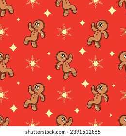 seamless pattern of cheerful cartoon gingerbread on red background