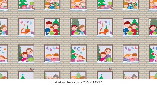 Seamless pattern of cheerful cartoon happy people celebrating Christmas in windows apartment house with christmas trees, gifts, pets, vector illustration, backgound, wallpaper, paper