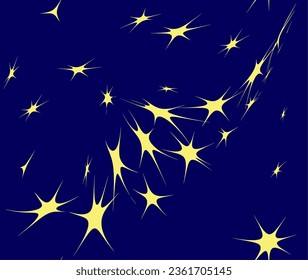 Seamless pattern of cheerful cartoon stars circling in an intricate pattern against the background of an indigo sky. Vector.
