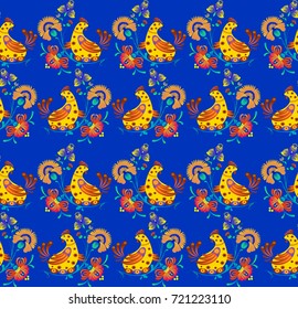 seamless pattern with cheerful chicken and bouquet of flowers in a folk style
