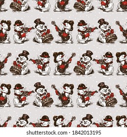 Seamless pattern of cheerful christmas snowmen musicians