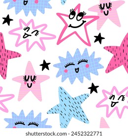 Seamless pattern of cheerful clouds and happy stars. Cute abstract print on white  background for fabric, wrapping, textile, wallpaper, apparel. Vector illustration for little kids girl