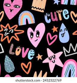 Seamless pattern of cheerful clouds, rainbow, stars, words and happy hearts. Cute abstract print on black background for fabric, wrapping, textile, wallpaper, apparel. Vector illustration for girl