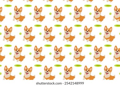 Padrão contínuo com filhote de cachorro de corgi alegre salta após a bola. Jogo divertido no gramado verde. Cão de raça pura. Personagem filhote de cachorro com expressão de rosto alegre. Fundo repetido para papel de parede, sucata, envoltório