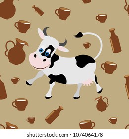 Seamless pattern with cheerful cow and dairy products.