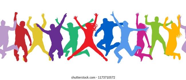 Seamless pattern. Cheerful crowd jumping people. Colorful.