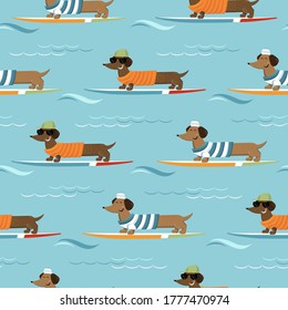 Seamless pattern with cheerful Dachshund dogs on vacations. Surfing the waves. Vector illustration