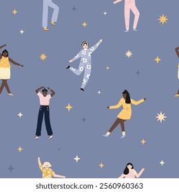 Seamless Pattern with Cheerful Dancing People. Vibrant Design for Party Decor, Wrapping Paper and Fun-Themed Projects.