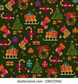 seamless pattern - cheerful detailed christmas cross stitch illustration with sledge, socks, gifts, christmas tree, sweets, wreath