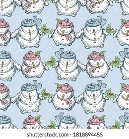 Seamless pattern of cheerful drawn snowmen standing in rows and looking at snowfall