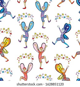 Seamless pattern of cheerful elves with festive stars