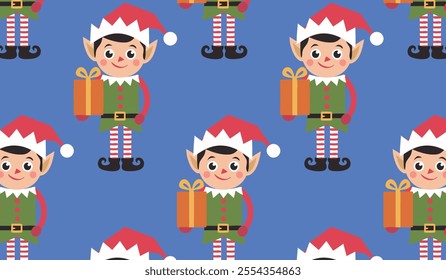 A seamless pattern of cheerful elves in Santa hats holding gifts on a blue background, ideal for festive themes