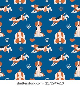 Seamless pattern with cheerful emotional beagle. Vector illustration in a flat style.
