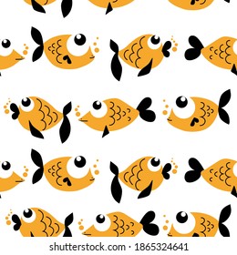 Seamless pattern with cheerful fish. Vector illustration in monochrome hand-drawn cartoon style. Suitable for wallpaper, wrapping paper, children's clothing, etc.