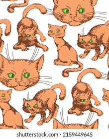 Seamless pattern. Cheerful fluffy adorable cats in different poses.