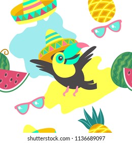 Seamless pattern. Cheerful friendly toucans. Tropical background with birds, exotic leaves and fruits. Vector illustration.