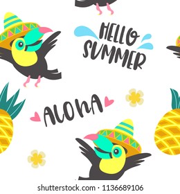 Seamless pattern. Cheerful friendly toucans. Tropical background with birds, exotic leaves and fruits. Vector illustration.