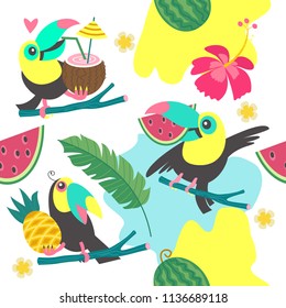 Seamless pattern. Cheerful friendly toucans. Tropical background with birds, exotic leaves and fruits. Vector illustration.