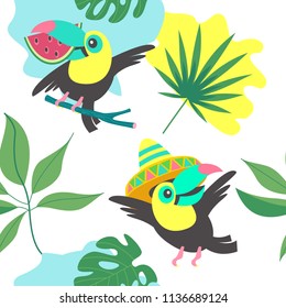 Seamless pattern. Cheerful friendly toucans. Tropical background with birds, exotic leaves and fruits. Vector illustration.