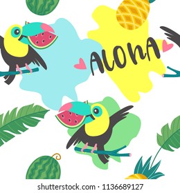 Seamless pattern. Cheerful friendly toucans. Tropical background with birds, exotic leaves and fruits. Vector illustration.