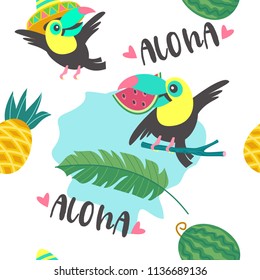 Seamless pattern. Cheerful friendly toucans. Tropical background with birds, exotic leaves and fruits. Vector illustration.