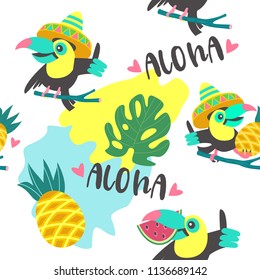 Seamless pattern. Cheerful friendly toucans. Tropical background with birds, exotic leaves and fruits. Vector illustration.