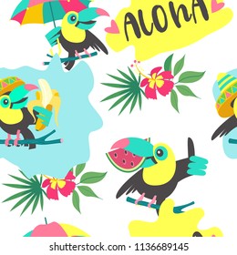 Seamless pattern. Cheerful friendly toucans. Tropical background with birds, exotic leaves and fruits. Vector illustration.