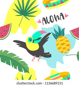 Seamless pattern. Cheerful friendly toucans. Tropical background with birds, exotic leaves and fruits. Vector illustration.