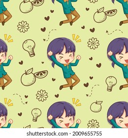 Seamless pattern cheerful girl and doodle element cartoon vector illustration, Cute character cartoon, Kawaii style, This design can be used as a cute background and used as part of a design.