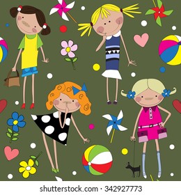 Seamless pattern with cheerful girls.