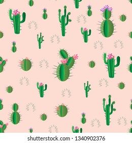 Seamless pattern of cheerful green cacti with flowers for printing, baby fabrics, covers