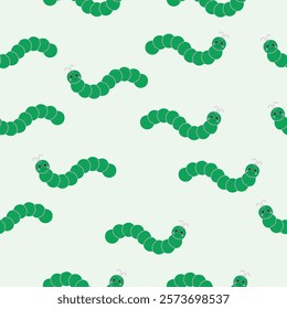 A seamless pattern of cheerful green caterpillars with smiling faces on a soft green background. The caterpillars are illustrated in a fun, cartoonish style