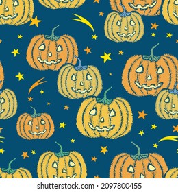 Seamless pattern of cheerful halloween pumpkins with stars 