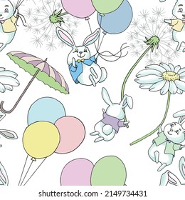 Seamless pattern with cheerful and happy funny rabbits flying on balloons, umbrella, daisy isolated on white background. Vector illustration, Easter spring and animal of the year 2023 concept. 