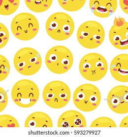 Seamless pattern with cheerful happy smileys for textiles interior or book design and funny character website yellow expression smile background vector illustration
