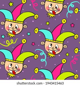 Seamless pattern with cheerful harlequin and multicolored confetti. Bright background for festive decoration. Vector illustration on the theme of circus, holiday, fun, birthday, April Fool's Day.