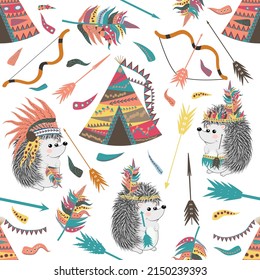 Seamless pattern with a cheerful hedgehog - indian. Tribal teepee tens, arrows, feathers, tribal borders, Indian hedgehog and feather headdress.