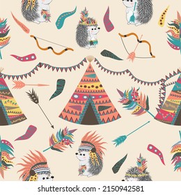Seamless pattern with a cheerful hedgehog - indian. Tribal teepee tens, arrows, feathers, tribal borders, Indian hedgehog and feather headdress.