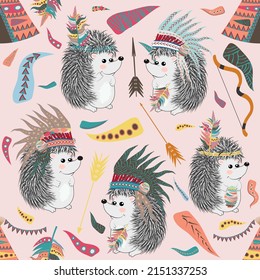 Seamless pattern with a cheerful hedgehog - indian. Tribal teepee tens, arrows, feathers, tribal borders, Indian hedgehog and feather headdress.
